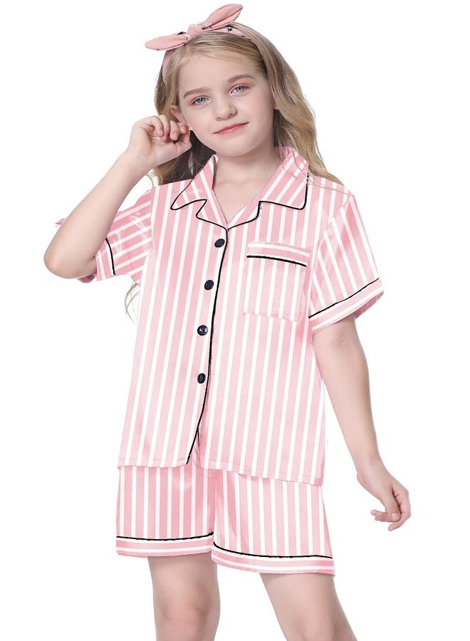 Schbbbta Silk Pajama Set for Girl Satin Button-up Pajama Sleepwear Gifts for Kids, Pink Stripe, 9-10 Years - Image 2